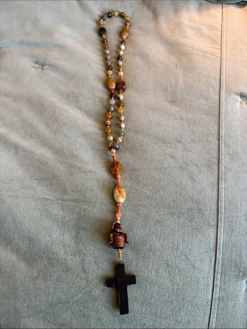 Boho Women's Beaded Cross Necklace in Warm Brown Tones